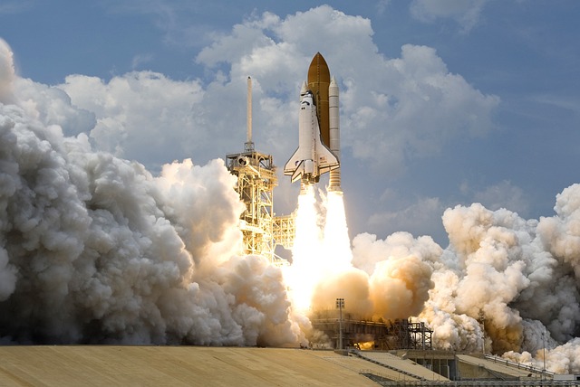 An American NASA space shuttle launching on its rocket